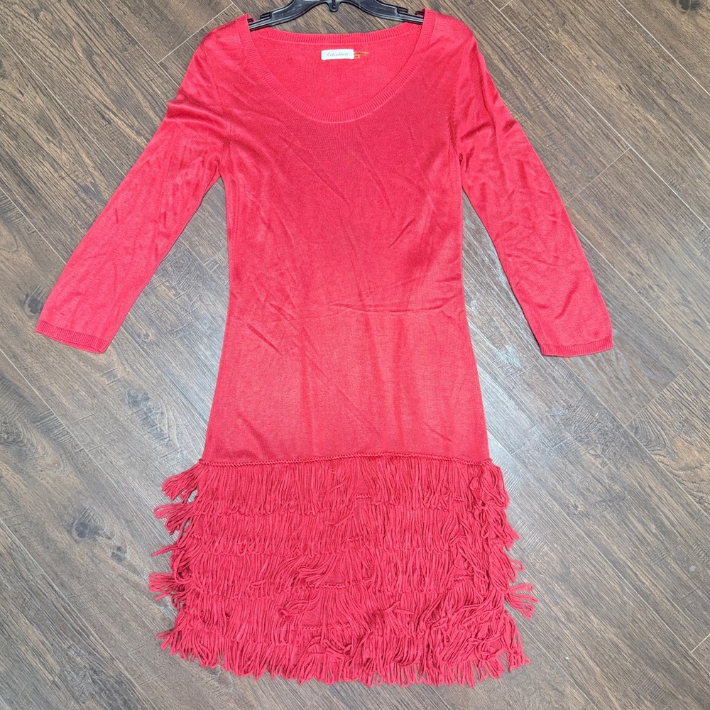 CALVIN KLEIN RED LONG SLEEVE SWEATER DRESS FRINGE BOTTOM